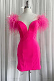hot pink off the shoulder cocktail party dresses with feathered