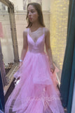 Pink Sparkly Tiered Tulle Prom Dress Spaghetti Strap Formal Dress GP844