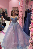 Off-the-Shoulder Ice Blue And Pink Long Sweet 16 Appliques Prom Dress GP838