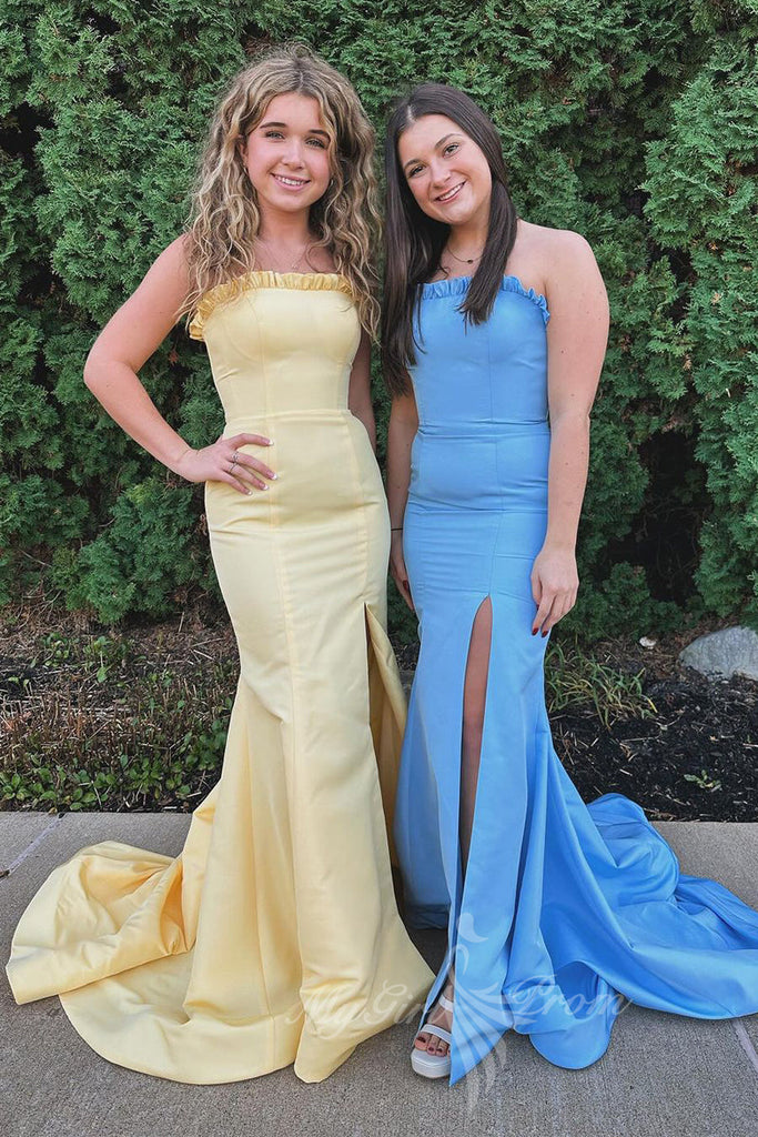 yellow strapless satin mermaid slit graduation gown long prom dresses