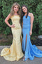 Yellow Strapless Satin Mermaid Slit Graduation Gown, Long Prom Dresses GP591