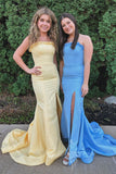 Yellow Strapless Satin Mermaid Slit Graduation Gown, Long Prom Dresses GP591