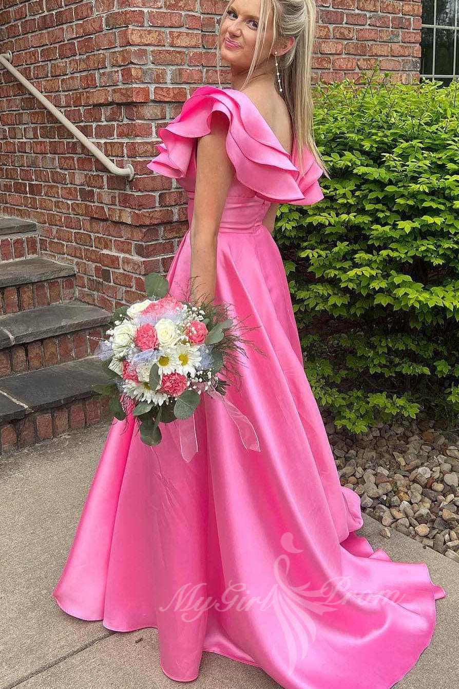 Ruffles V-neck Satin Hot Pink Prom Dress, A-line Slit Graduation Gowns GP581