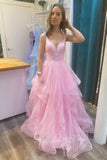 Pink Sparkly Tiered Tulle Prom Dress Spaghetti Strap Formal Dress GP844