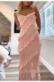 Pink Sheath Prom Dress Straps Ruffle Tiered Maxi Formal Dress GP784