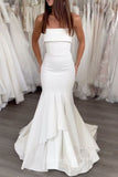 Simple Mermaid Strapless Satin Sleeveless Ivory Wedding Dresses  PW610