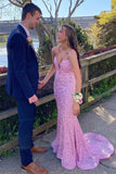 Spaghetti Straps Pink Prom Dress Mermaid Formal Dress with Sequin GP710