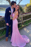 Spaghetti Straps Pink Prom Dress Mermaid Formal Dress with Sequin GP710