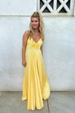 Yellow Spaghetti Straps Satin Prom Dress A-line Formal Dress with Pleats