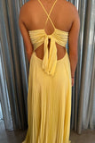 Yellow Spaghetti Straps Satin Prom Dress A-line Formal Dress with Pleats GP707