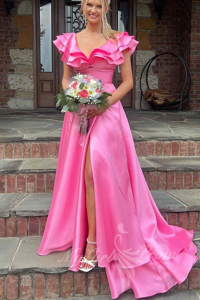 ruffles v neck satin hot pink prom dress a line slit graduation gowns