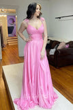 Elegant Pink Chiffon A-line V-Neck Ruffle Pleated Long Prom Dress  GP822