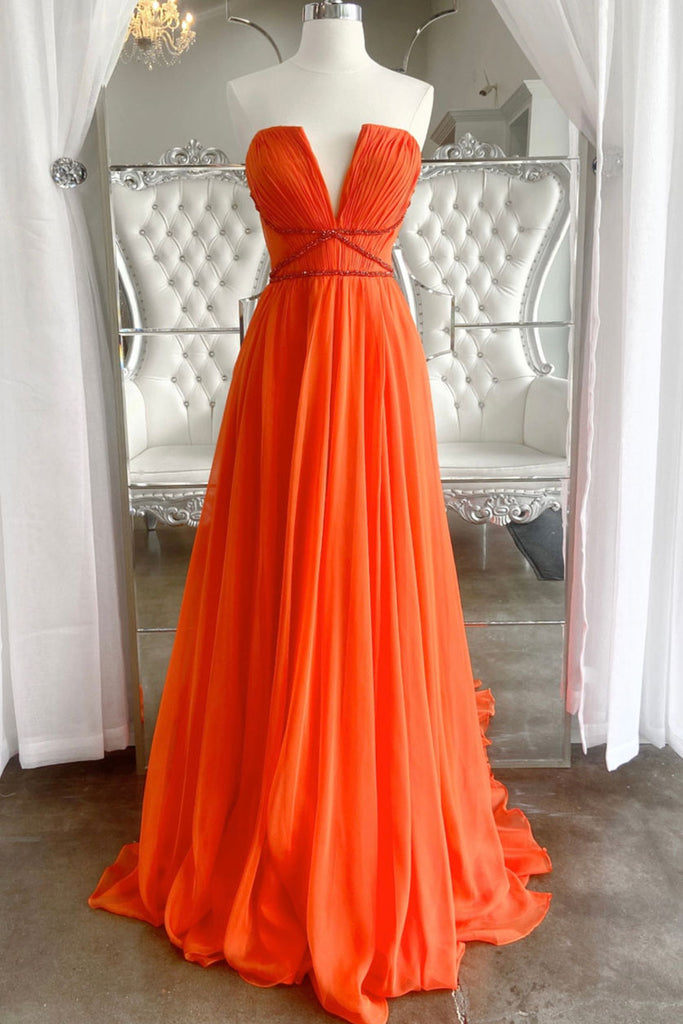 elegant orange a line chiffon prom dresses v neck beading formal gown