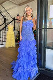 Square Neck Blue Sequins Prom Dress Mermaid Ruffles Formal Dress with Slit GP782