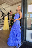 Straps Square Neck Blue Sequins Prom Dress Mermaid Ruffles Formal Dress GP782