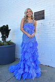 Straps Square Neck Blue Sequins Prom Dress Mermaid Ruffles Formal Dress GP782