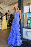 Straps Square Neck Blue Sequins Prom Dress Mermaid Ruffles Formal Dress GP782