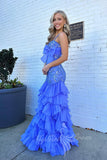 Straps Square Neck Blue Sequins Prom Dress Mermaid Ruffles Formal Dress GP782