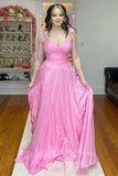 Elegant Pink Chiffon A-line V-Neck Ruffle Pleated Long Prom Dress  GP822