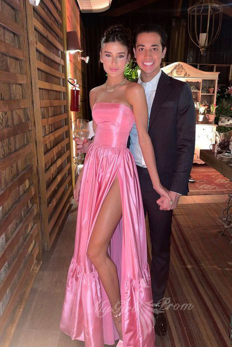 strapless high split satin pink prom dress elegant evening party dresses