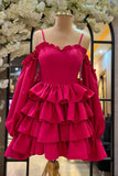 Fuchsia Ruffle Sweetheart Long Sleeves Homecoming Dress, Tiered Short Party Gown GM684