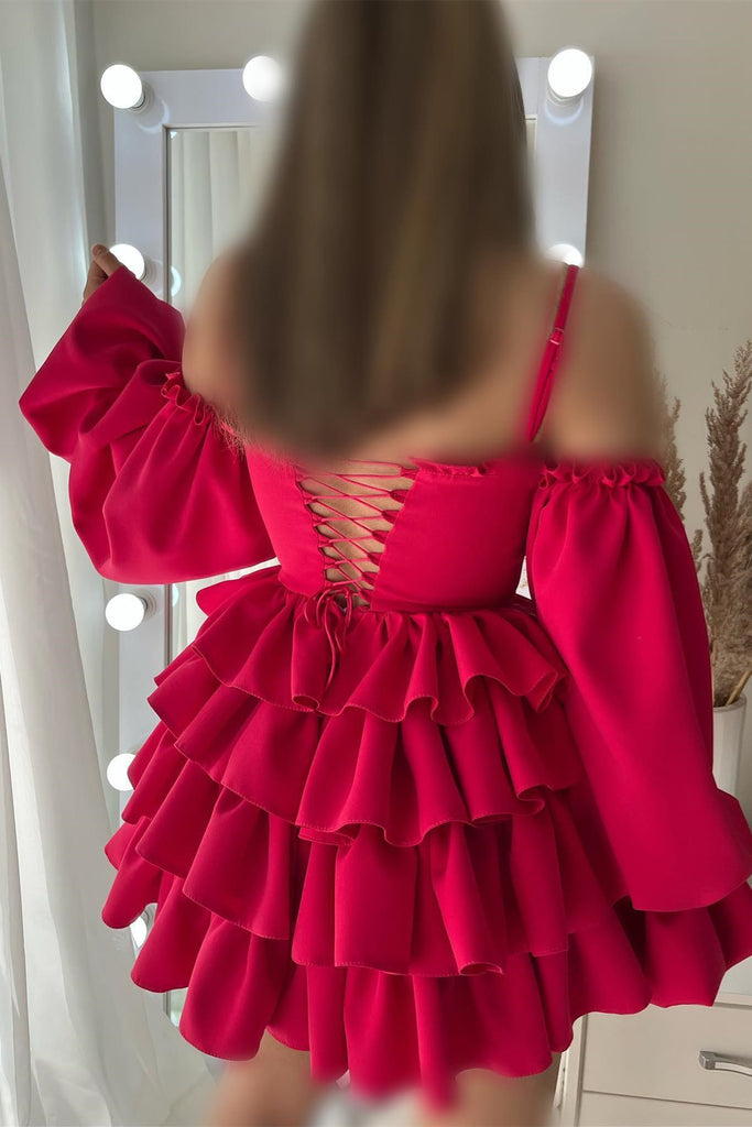 Fuchsia Ruffle Sweetheart Long Sleeves Homecoming Dress, Tiered Short Party Gown GM684