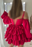 Fuchsia Ruffle Sweetheart Long Sleeves Homecoming Dress, Tiered Short Party Gown GM684