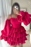 Fuchsia Ruffle Sweetheart Long Sleeves Homecoming Dress, Tiered Short Party Gown GM684