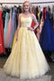Spaghetti Straps Long Tulle Prom Dresses, Yellow Appliques Graduation Gown GP623