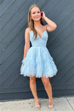 Light Blue A-line V Neck Ruffle-Layers Homecoming Dress