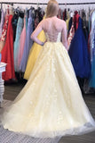 spaghetti straps long tulle prom dresses yellow appliques graduation gown