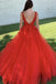 A Line V Neck Red Lace Long Prom Dresses, Lace Appliques Formal Dresses, MG30