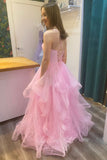 Pink Sparkly Tiered Tulle Prom Dress Spaghetti Strap Formal Dress GP844