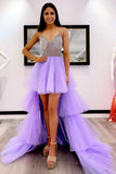 V-neck Beaded Lavender High Low Tulle Prom Dress, Tiered Party Gown GP610