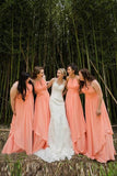 A-Line Crew Long Chiffon Coral Bridesmaid Dresses with Beading PB07