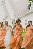 A-Line Crew Long Chiffon Coral Bridesmaid Dresses with Beading PB07