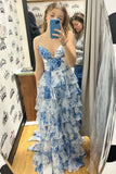 A-line Straps Blue Floral Print Prom Dresses, Layered Slit Graduation Gown GP695