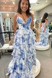 A-line Straps Blue Floral Print Prom Dresses, Layered Slit Graduation Gown GP695