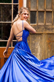 A-Line Royal Blue Satin Backless Long Prom Dress with Appliques GP672