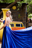 A-Line Royal Blue Satin Backless Long Prom Dress with Appliques GP672