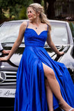 A-Line Royal Blue Satin Backless Long Prom Dress with Appliques GP672