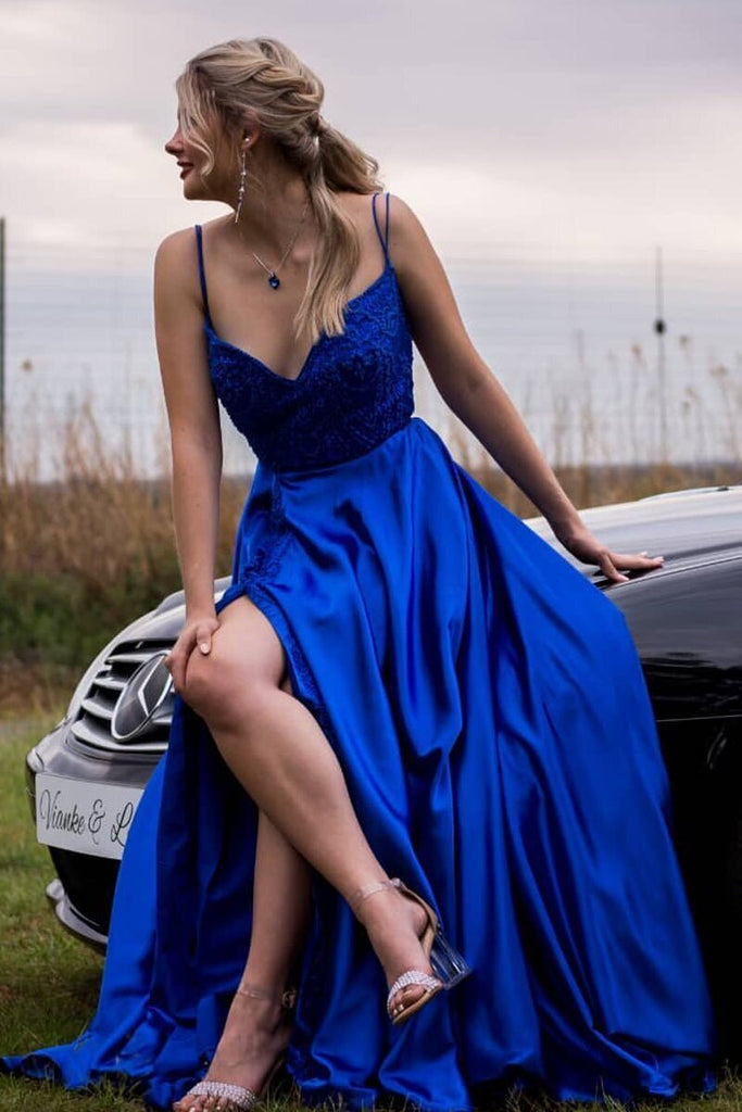 A-Line Royal Blue Satin Backless Long Prom Dress with Appliques GP672