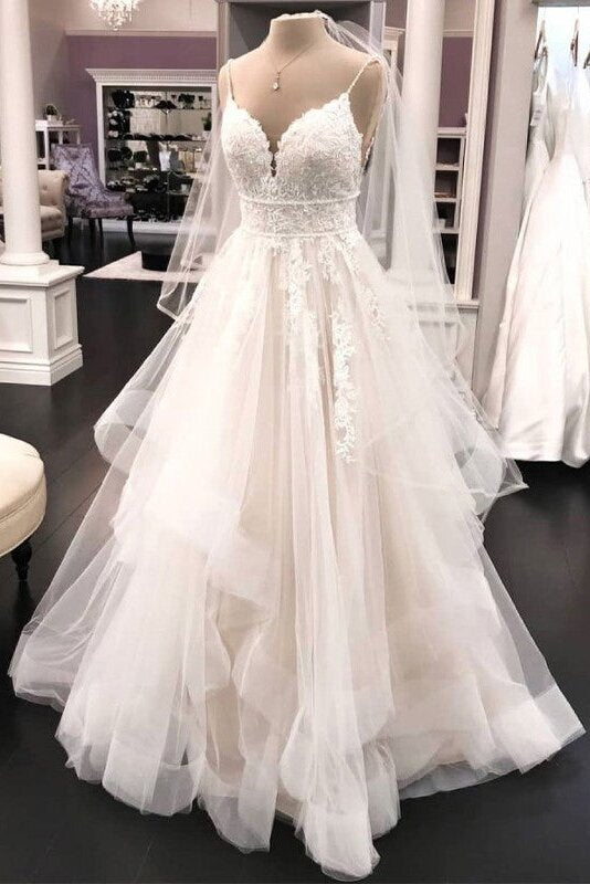 A-Line Tulle Sleeveless V-neck Beach Lace Wedding Dresses PW549