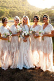 A-Line V-Neck Ivory Boho Lace Bridesmaid Dresses With Cap Sleeves PB24