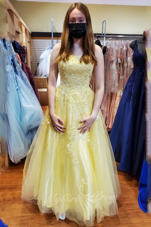 a line yellow tulle applique long prom dress yellow preppy graduation dress