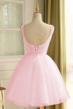 A-line Beaded  Flowers Tulle Homecoming Dresses, Cute Pink Short Party Dress GM695