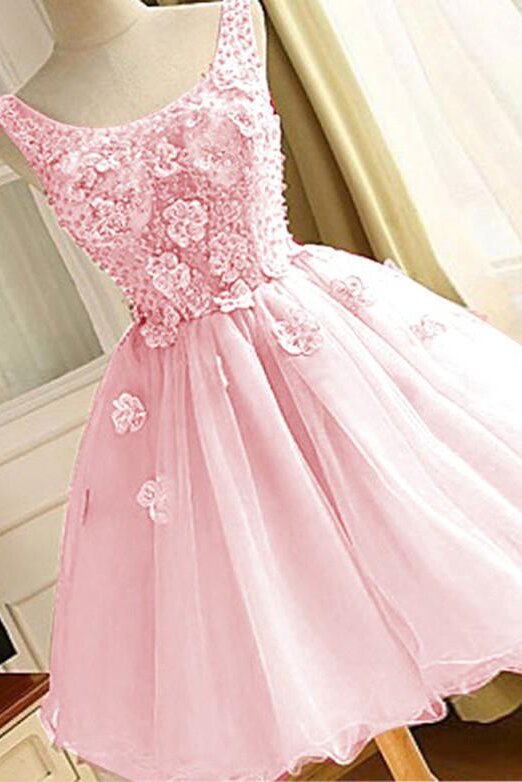 A-line Beaded  Flowers Tulle Homecoming Dresses, Cute Pink Short Party Dress GM695