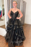 Black Formal Dress Sparkle Tulle Ruffles Long Prom Dresses With Appliques GP828