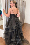 Black Formal Dress Sparkle Tulle Ruffles Long Prom Dresses With Appliques GP828