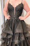 Black Formal Dress Sparkle Tulle Ruffles Long Prom Dresses With Appliques GP828